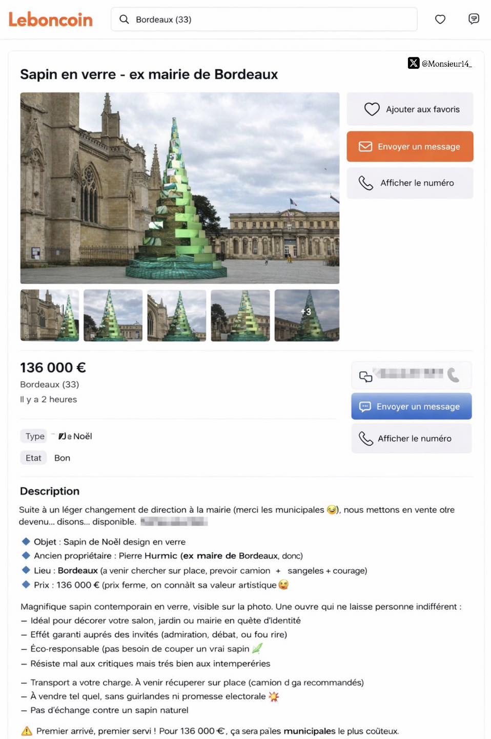 Sapin de Noël en verre de Bordeaux en vente sur leboncoin