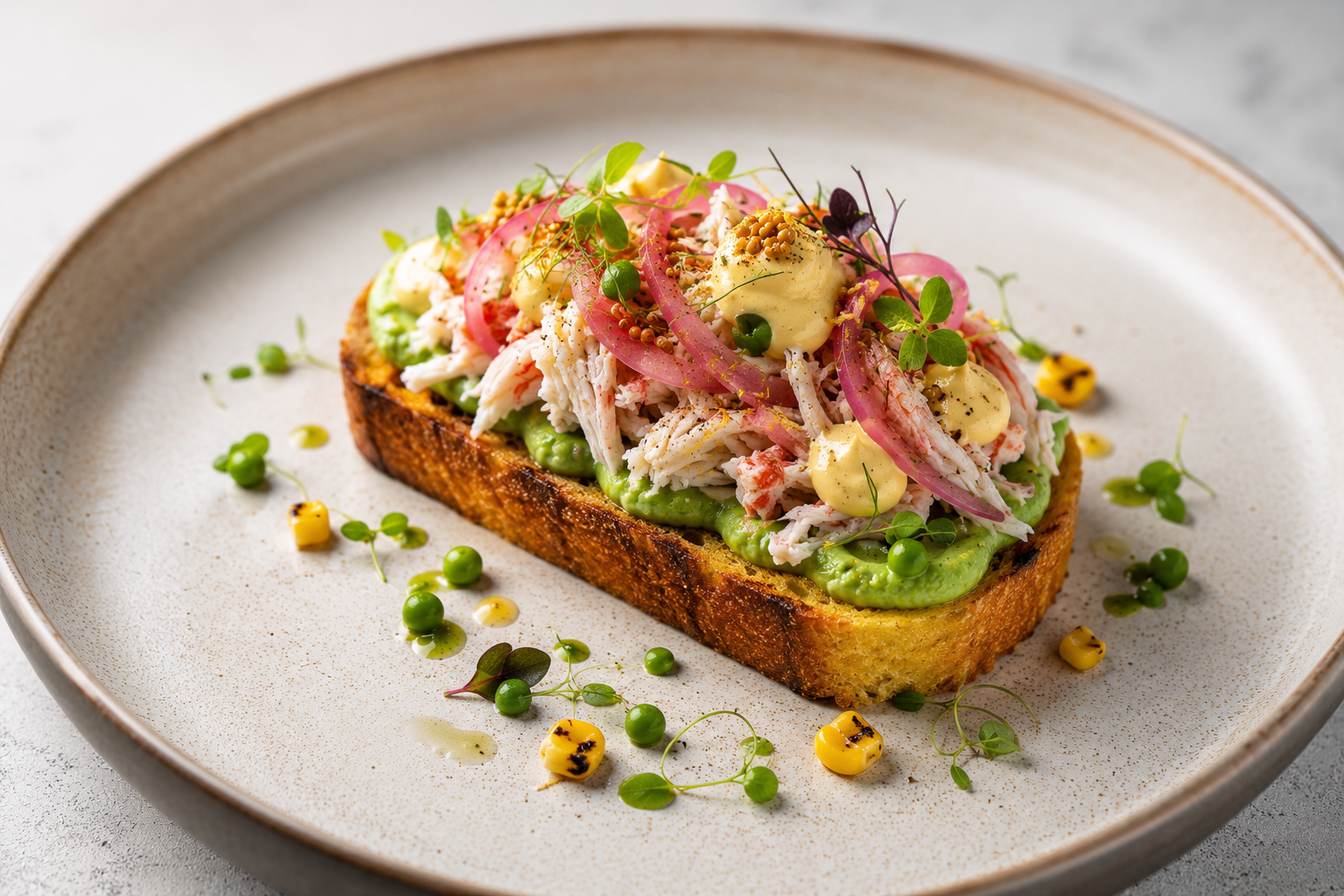 Tartine d’araignée de mer sur brioche maïs, crème de petits pois et mayonnaise fumée
