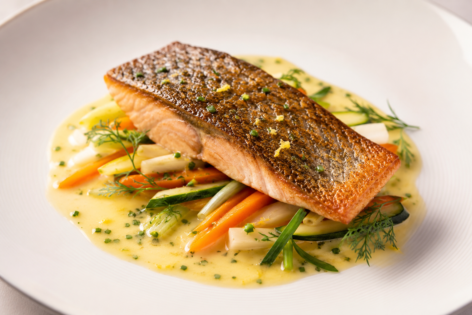 Pavé de truite de Banka snacké unilatéral, beurre blanc citronné et légumes croquants