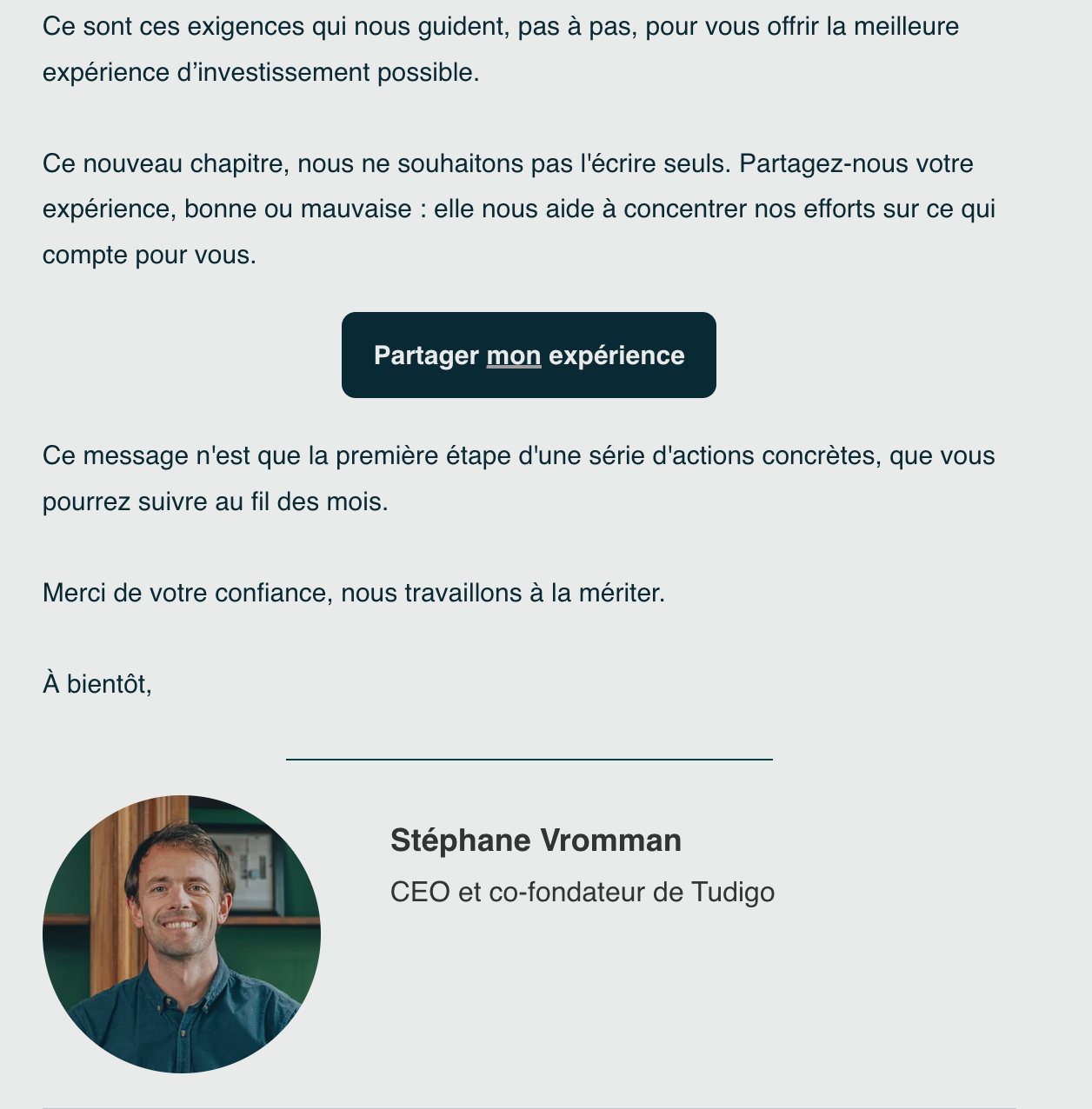 Email Stéphane Vromman aux clients et partenaires de Tudigo à 8 jours de la mise en RJ