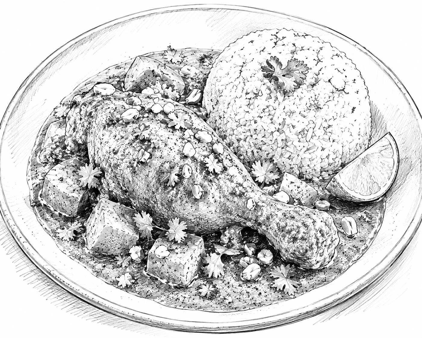 Poulet mafé à la sauce d’arachide, riz coco et citron vert Illustration by Julien NICOLAS