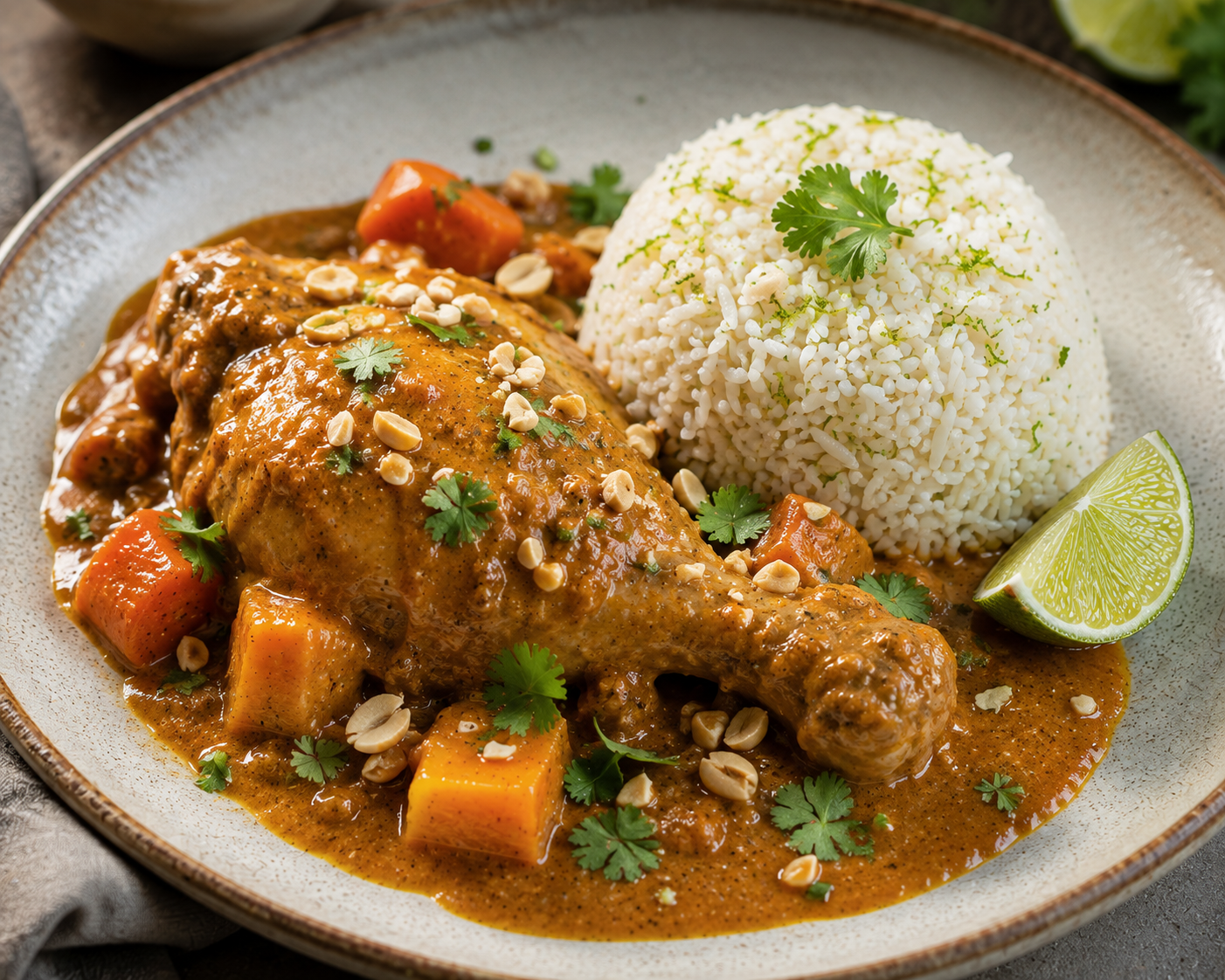 Poulet mafé, riz coco et citron vert