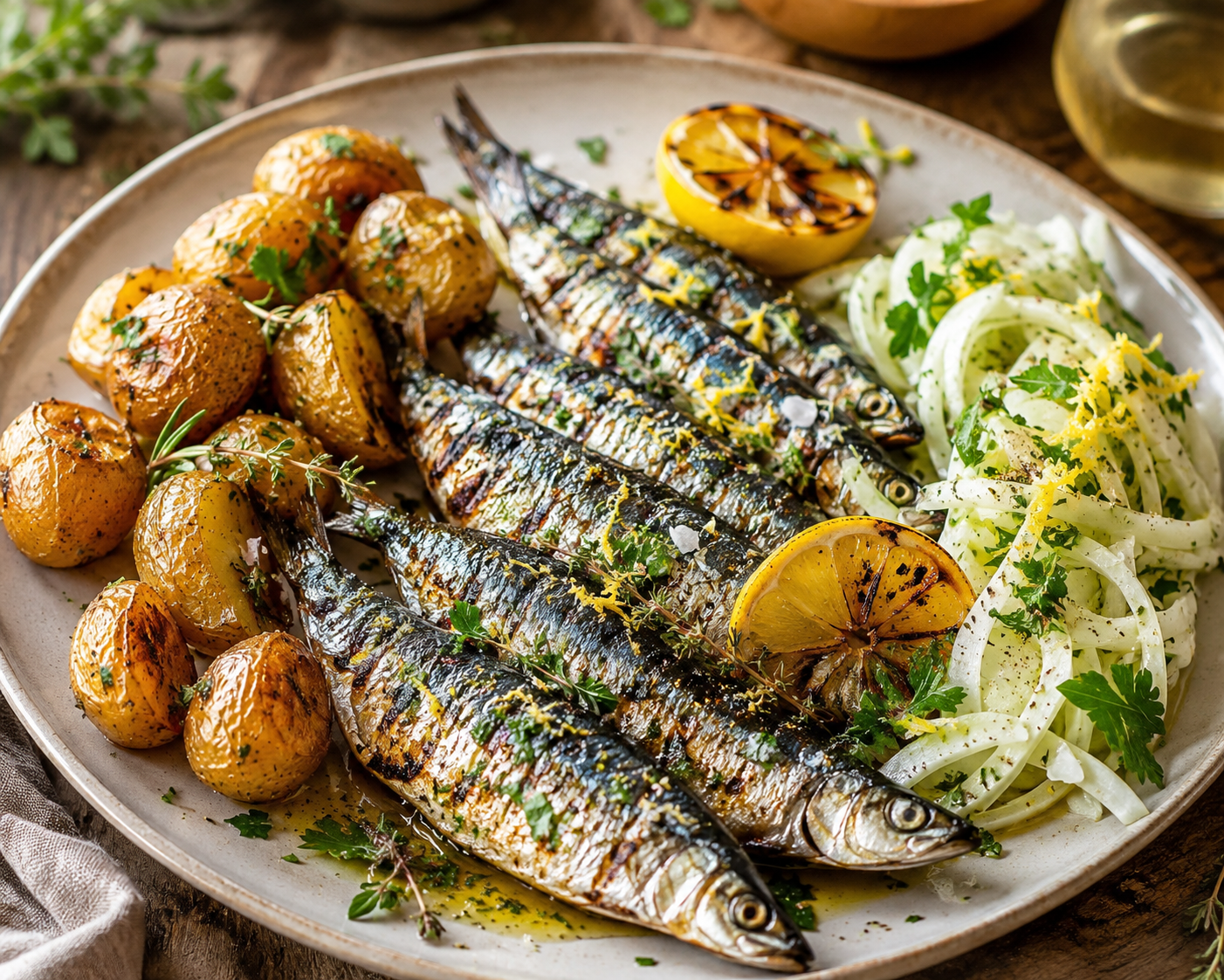 Sardines grillées au kamado, pommes de terre grenaille rôties et salade croquante de fenouil