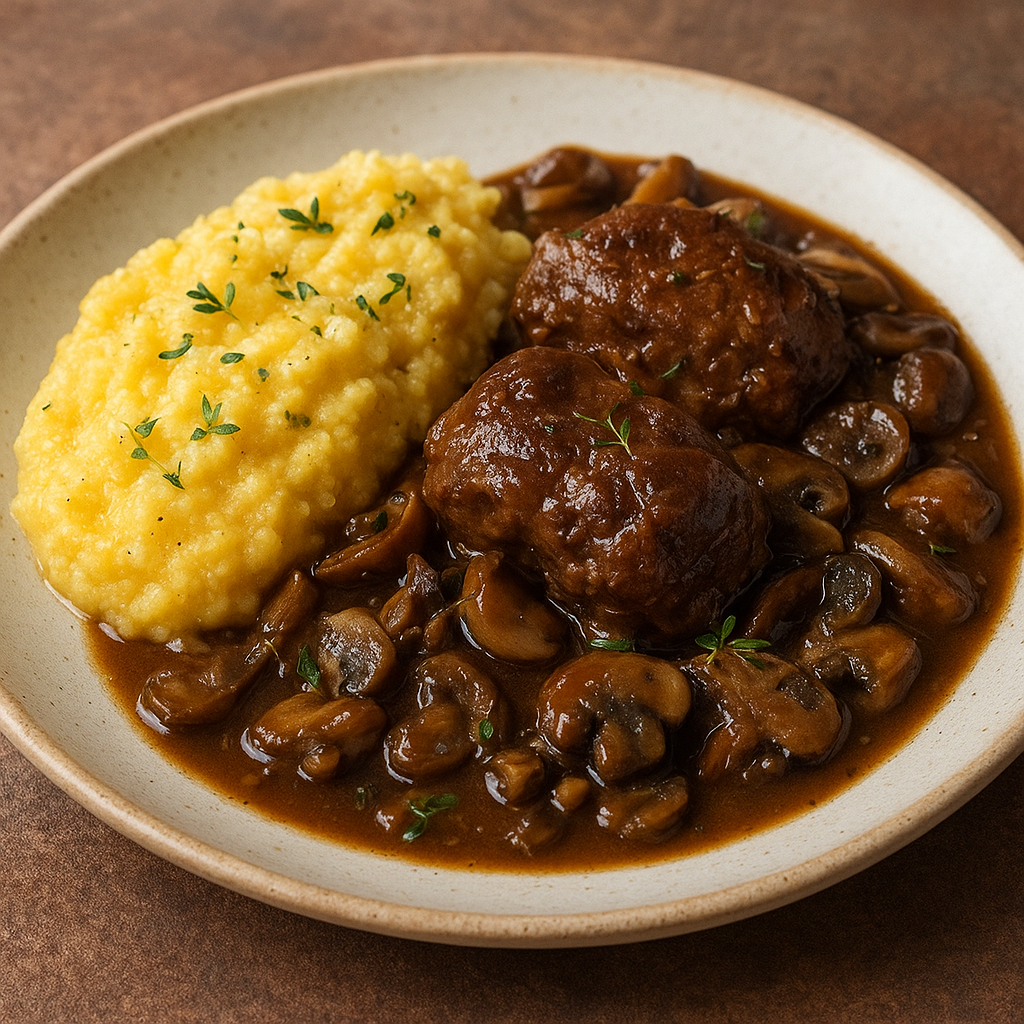 Joues de cochon mijotées aux champignons et polenta crémeuse au thym
