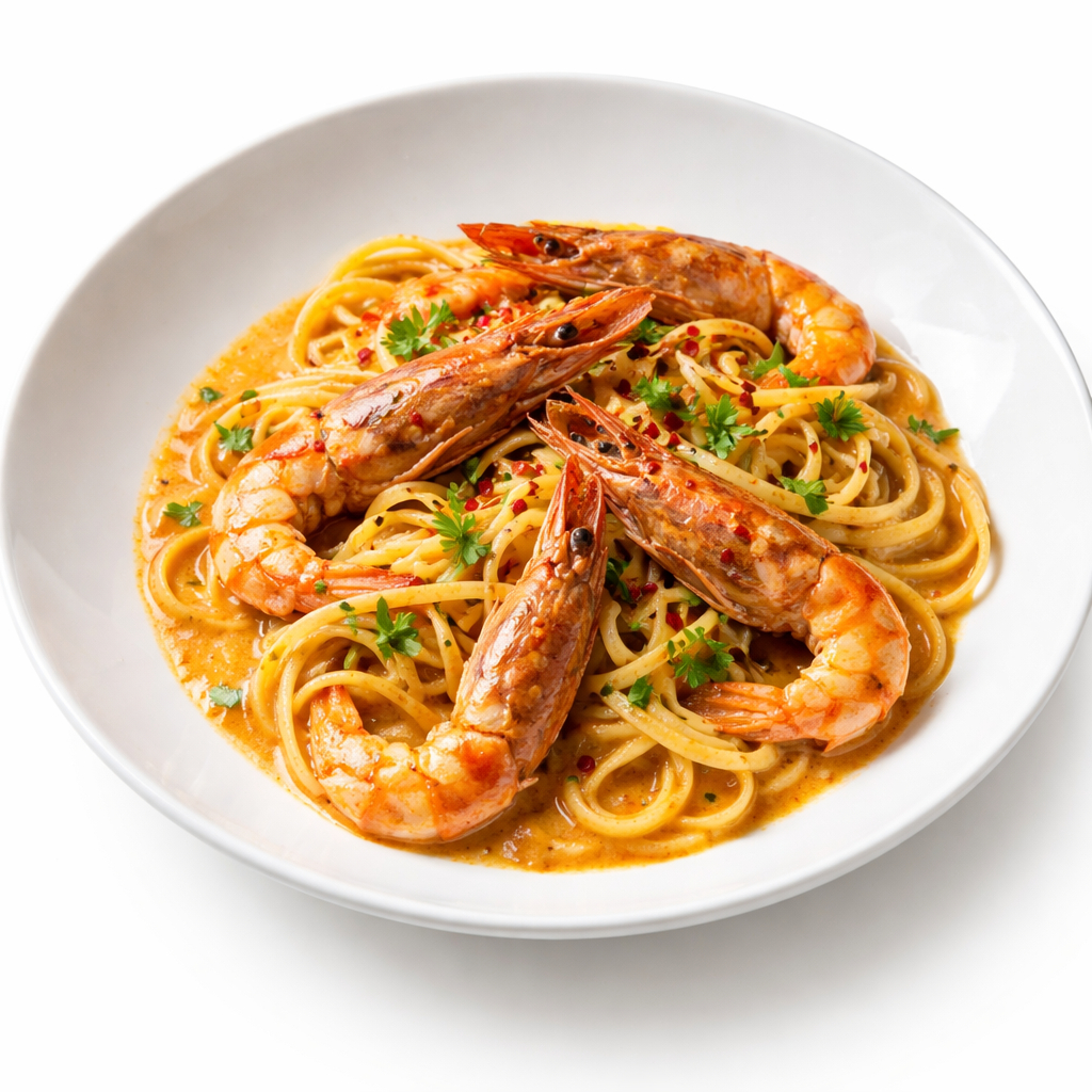 Linguine aux gambas de Nouvelle-Aquitaine nappées de bisque maison aux têtes rôties