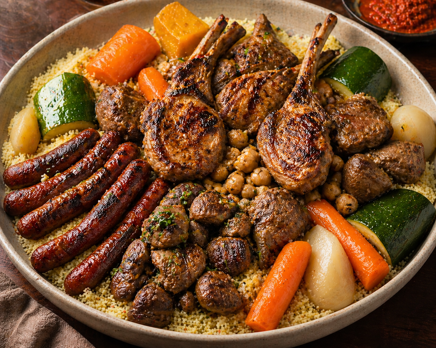 Couscous traditionnel à l’agneau, rognons et côtelettes grillés