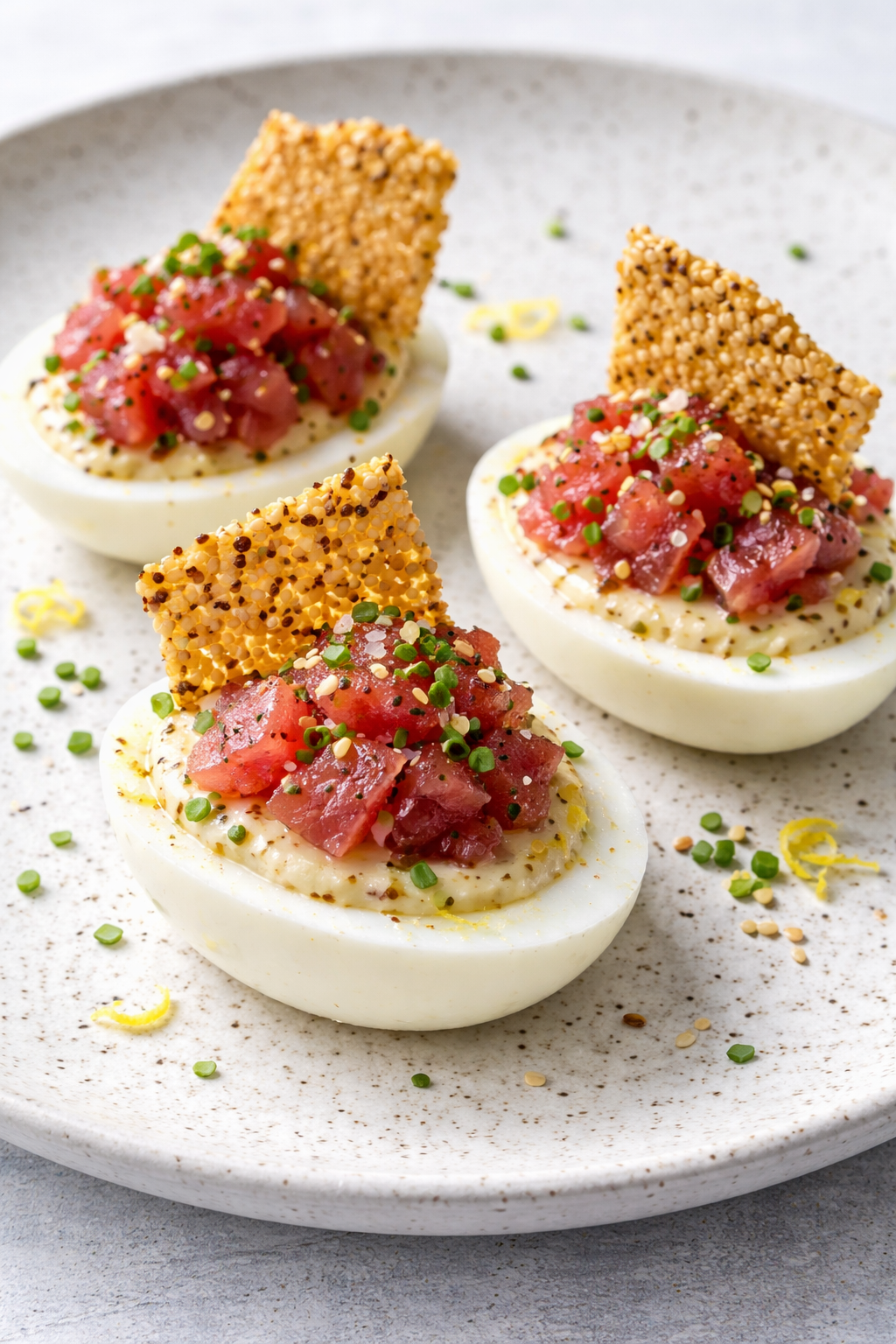 Recette hommage à l’ASOM : Œufs mayo gastronomiques, tartare de thon rouge & croustillant de sésame