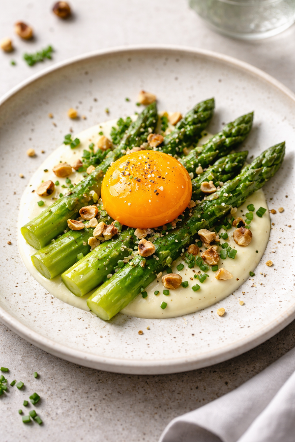 Asperges vertes, crème de comté et jaune confit : une recette bistronomique de printemps