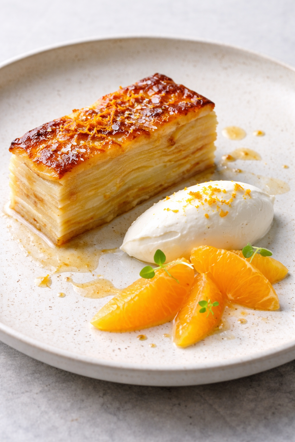 Gratin de pommes fondant comme un dauphinois, crème et orange