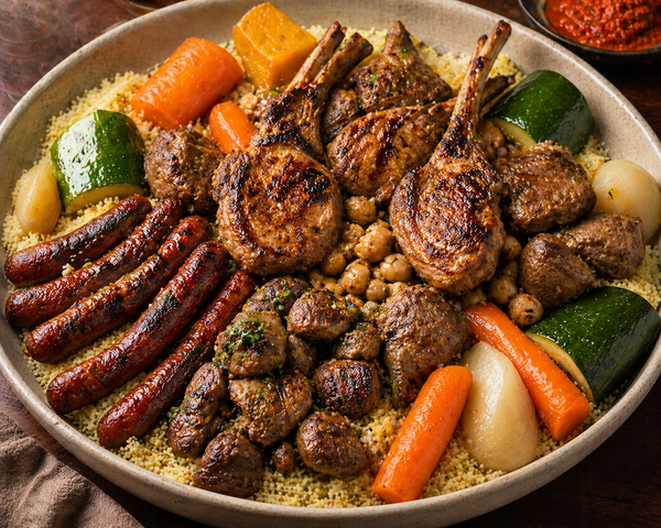 Couscous traditionnel à l’agneau, rognons et côtelettes grillés