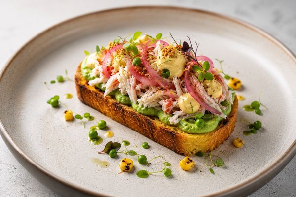 Tartine d’araignée de mer sur brioche maïs, crème de petits pois et mayonnaise fumée