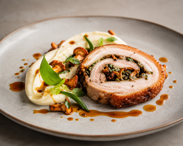 Porchetta de poitrine de cochon à l’ail des ours et chanterelles, purée de céleri-rave